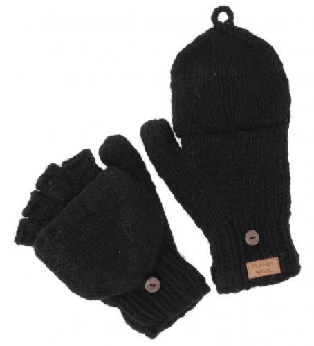 Handschuhe, handgestrickte Klapphandschuhe, Fingerhandschuhe uni, extra gro - schwarz
