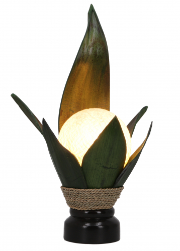 Palmenblatt Tischlampe / Tischleuchte, in Bali handgemacht aus Naturmaterial, Palmholz - Modell Palmera 14 grn - 50x30x20 cm 