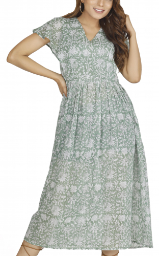 Airy boho summer dress, hand-printed maxi dress, cotton dress - mint green