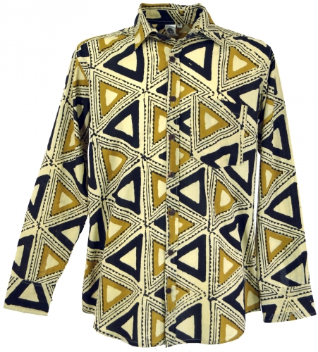 Freizeithemd, Goa Boho Hemd, Langarm Herrenhemd mit afrikanischem Druck - beige