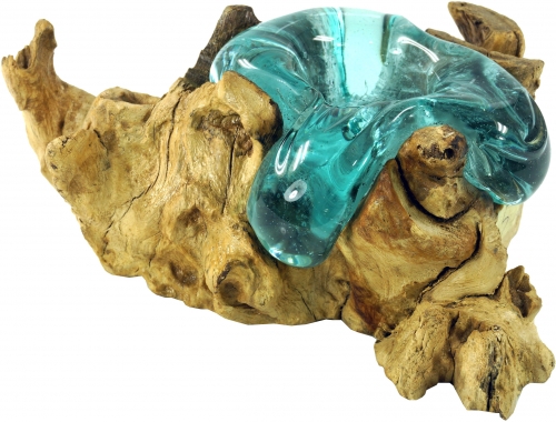 Burl wood with mouth-blown glass tealight holder - model 1 - 13x20x15 cm 