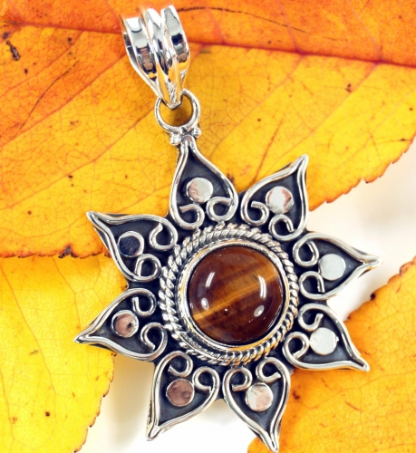 Ethno silver pendant, Brazilian sun pendant - tiger`s eye 3 cm