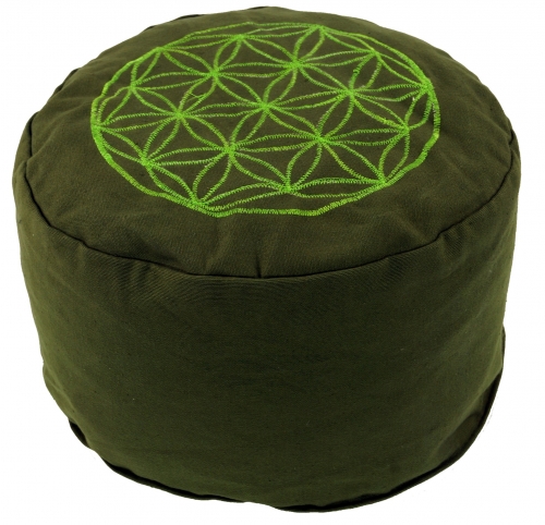 Embroidered meditation cushion with spelt filling - Flower of life olive green - 15x25x25 cm  25 cm