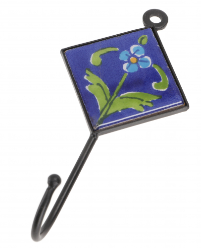 Wall hook, coat hook with handmade blue pottery tile (5*5 cm) - Model 5