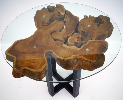 Tisch, Esstisch, Kaffeetisch, Beistelltisch, Couchtisch mit Baumscheibe und runder Glasplatte - Modell 3 - 74x90x90 cm 