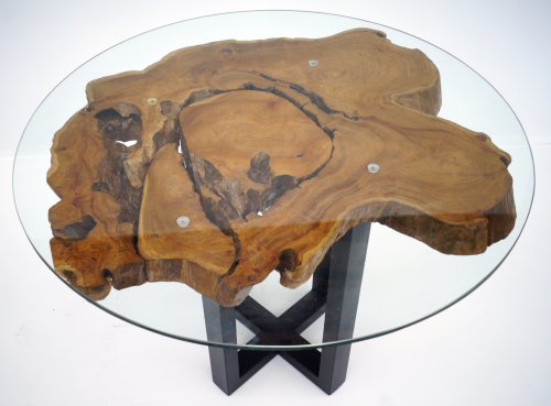 Tisch, Esstisch, Kaffeetisch, Beistelltisch, Couchtisch mit Baumscheibe und runder Glasplatte - Modell 4 - 70x90x90 cm 