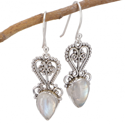 Indian silver earrings, filigree ethno earrings, boho ornament earrings - moonstone - 3,5x1 cm
