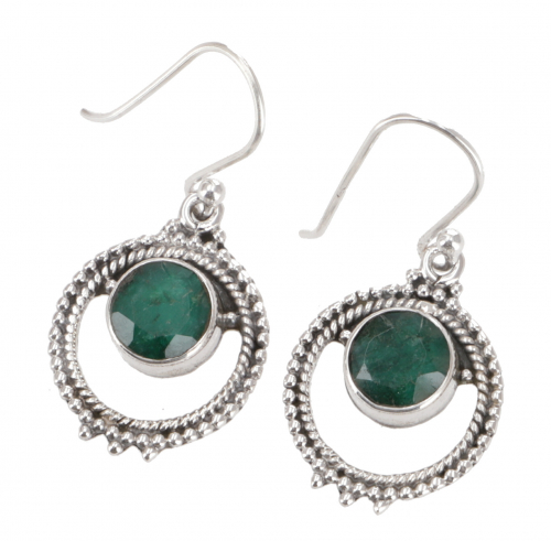Boho silver earring, creole with pretty emerald 2 cm