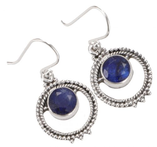 Boho silver earring, creole with pretty sapphire 2 cm