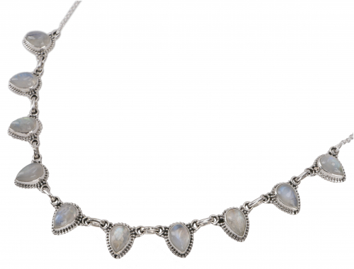 Indische Silberkette mit Halbedelsteinen, Boho Collier - Mondstein - 40 cm