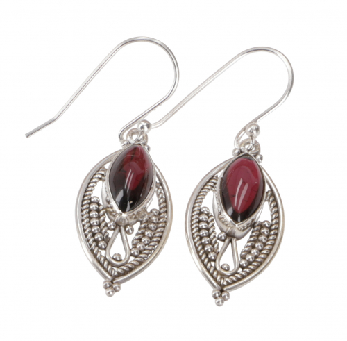 Indian silver earrings, ethno earrings, boho ornament earrings - garnet - 3,5x1 cm