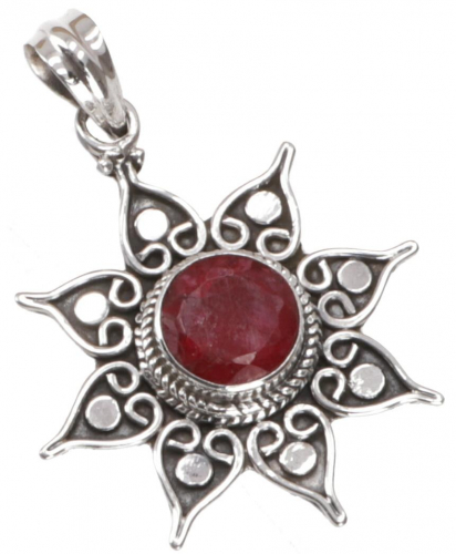 Ethno silver pendant, Brazilian sun pendant - ruby quartz faceted 3 cm