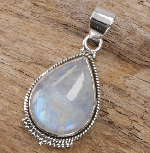Boho silver pendant, Indian silver chain pendant - moonstone - 3x1,5 cm