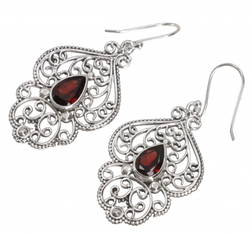 Indian silver earrings, ethno earrings, boho ornament earrings - garnet - 3,5x2,5 cm