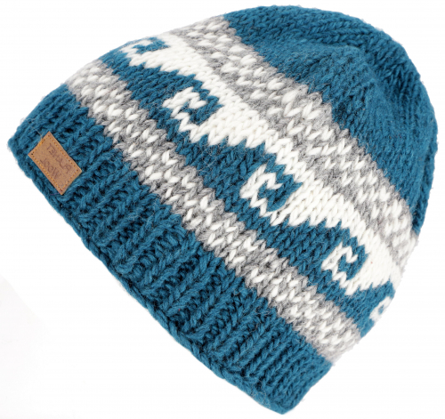Beanie hat, knitted hat with meander pattern from Nepal, winter hat - turquoise blue