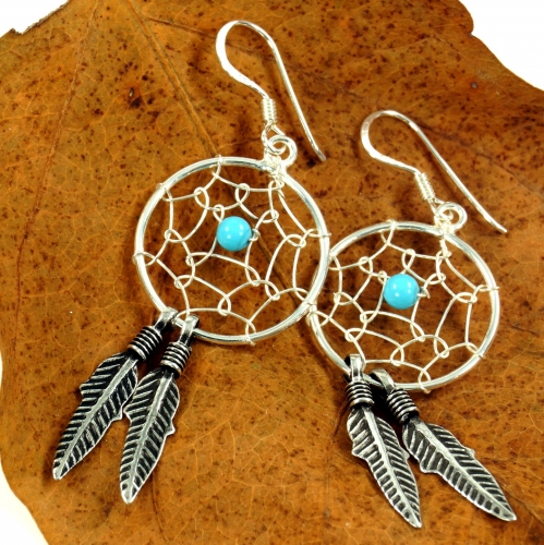 Silver earrings with dreamcatcher boho earrings turquoise - model 2 - 3x1,5 cm