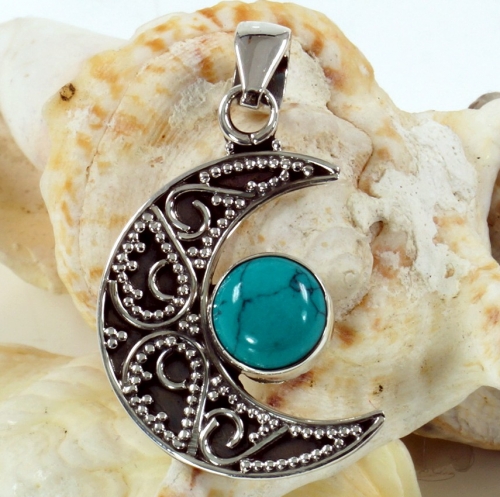 Indian ethno silver pendant moon - turquoise - 3x2,5x0,7 cm 
