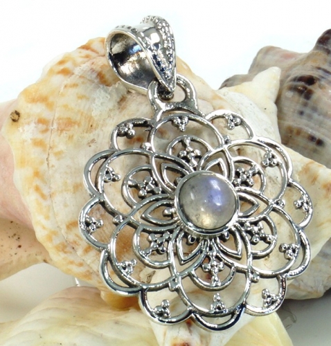 Ethno silver pendant, silver flower pendant - moonstone - 2x2x0,5 cm  2 cm