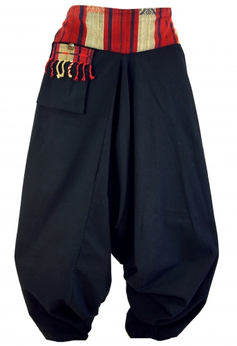Harem pants, Thai harem pants, goa pants with woven waistband and fringed pocket - black
