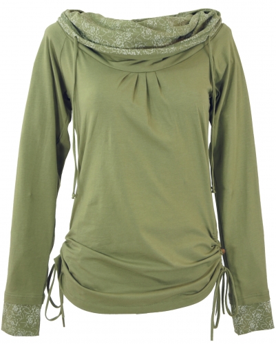 Long shirt made from organic cotton, boho shirt shawl hood - olive green