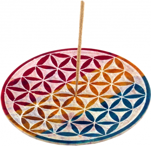 Indian incense holder  10 cm made of soapstone, rainbow candle plate - Flower of Life 2
