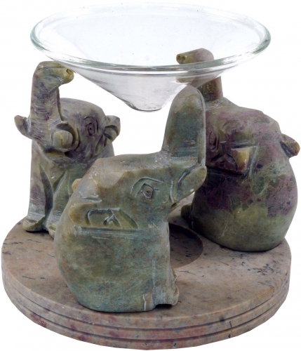 Indische Duftlampe, therisches l Diffusor, Teelicht Halter fr Aromatherapie, Aromalampe aus Speckstein mit Glasteller - Elefanten - 11x9x9 cm 