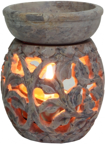 Indische Duftlampe, therisches l Diffusor, Teelicht Halter fr Aromatherapie, Aromalampe aus Speckstein - Rund Blumenranke 1 - 8x6x6 cm 