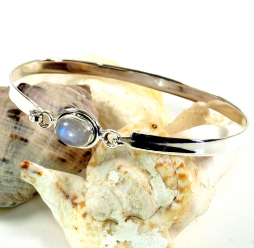 Boho Silberarmreifen mit Halbedelstein aus Indien - Mondstein - 0,5 cm 7 cm