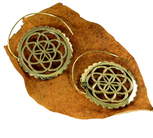 Brass tribal earrings, ethnic earrings flower of life - gold 4 cm