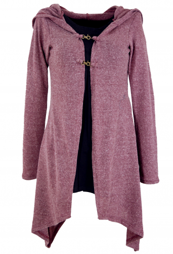 Long cardigan, knitted coat with wide hood - dusky pink