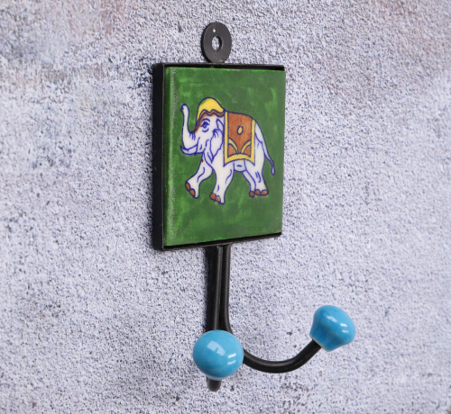 Doppelwandhaken, Garderobenhaken mit handgefertigter blue Pottery Keramik Fliese - Modell 11 - 15x8x4 cm 