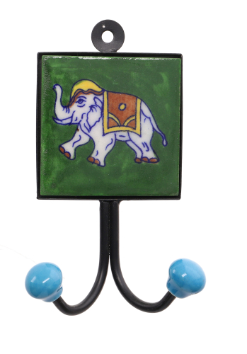 Doppelwandhaken, Garderobenhaken mit handgefertigter blue Pottery Keramik Fliese - Modell 11 - 15x8x4 cm 