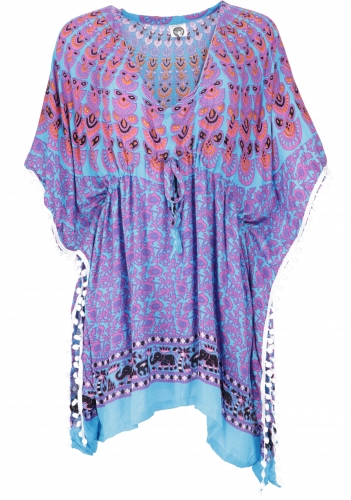 Poncho, kaftan, tunic, mini dress, ladies oversize, short sleeve beach blouse - blue/purple