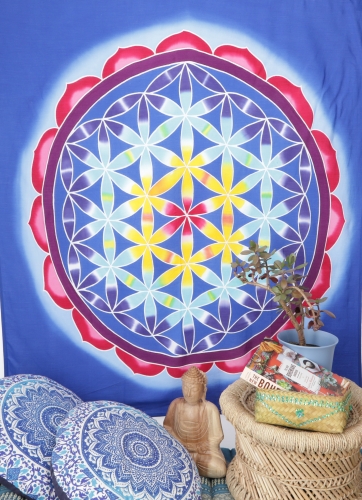 Wall hanging, wall cloth, wall picture, batik cloth - Flower of life/blue - 110x95x0,2 cm 
