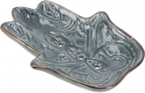 Exotische Keramik Seifenschale - Hamsa Hand / grau - 2x10x8 cm 