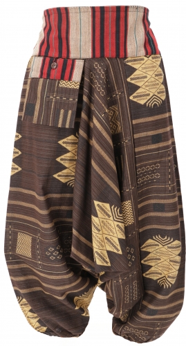 Harem pants with wide woven waistband, ikat Thai harem pants - brown