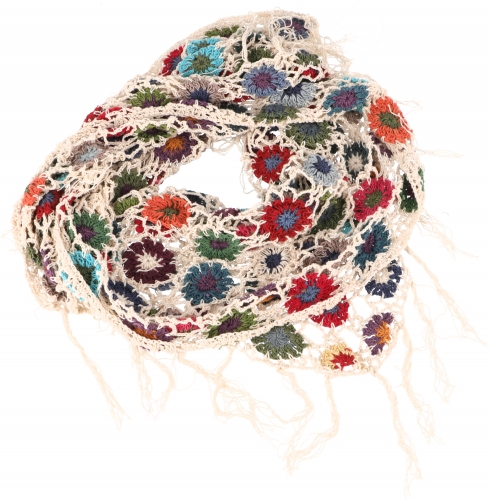 Crochet stole, hippie flower crochet scarf, triangular scarf - cream - 160x80 cm