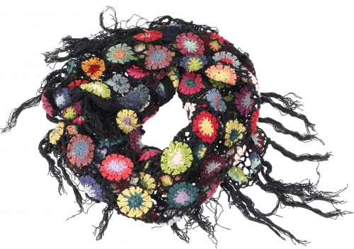 Crochet stole, hippie flower crochet scarf, triangular scarf - black - 180x60 cm
