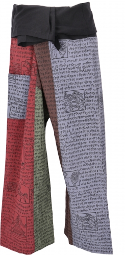 Thai solid cotton fisherman pants, patchwork wrap pants, yoga pants, one size - bordeaux red/multicolored