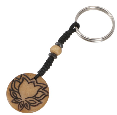 Ethno Tibet key ring, engraved bag pendant - lotus/brown - 10 cm 3 cm