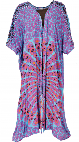 Leichter Sommer Kimono, Umhang, Strandkleid mit Mandala Muster - trkis/pink/schwarz
