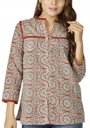 Hand-printed boho blouse, airy cotton blouse - rust/beige