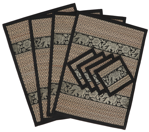 Placemats, raffia coasters, table mat set of 4 - black - 25x35x0,3 cm 