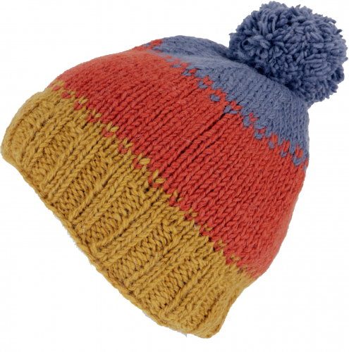 Pompom hat from Nepal, new wool hat, winter hat - blue/rust