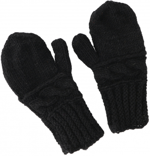 Wool gloves, mittens, hand-knitted mittens from Nepal - black