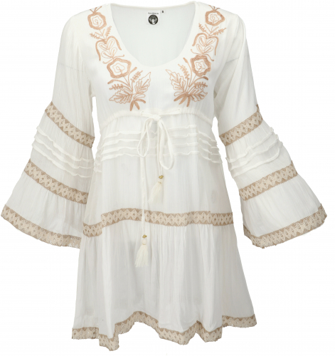 Boho crinkle blouse, embroidered hippie tunic - natural white
