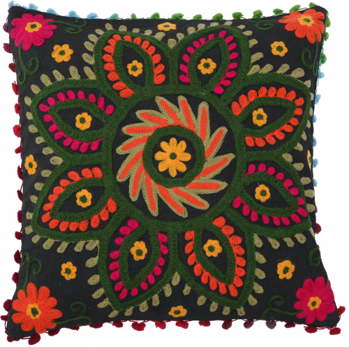 Boho Kissenhlle, farbenfrohes besticktes Folklore Kissen im mexikanischem Style - schwarz/orange - 40x40x0,5 cm 
