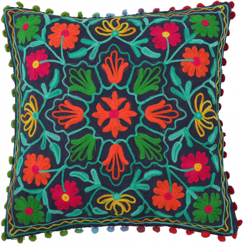 Boho Kissenhlle, farbenfrohes besticktes Folklore Kissen im mexikanischem Style - taubenblau/orange - 40x40x0,5 cm 