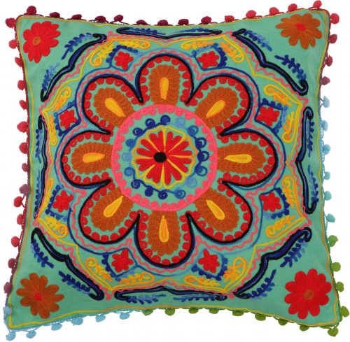 Boho cushion cover, colorful embroidered folklore cushion in Mexican style - green - 40x40x0,5 cm 