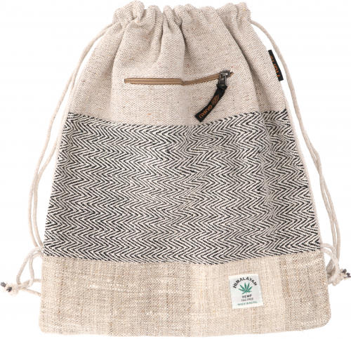 Ethno hemp backpack, gym bag, sports bag - natural/black - 40x33x15 cm 